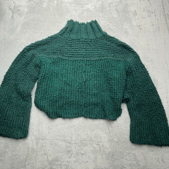 Free People Mock Neck Fuzzy Knit Heavy Cropped Sweater Teal Green Bell Sleeve XS - Picture 8 of 9
